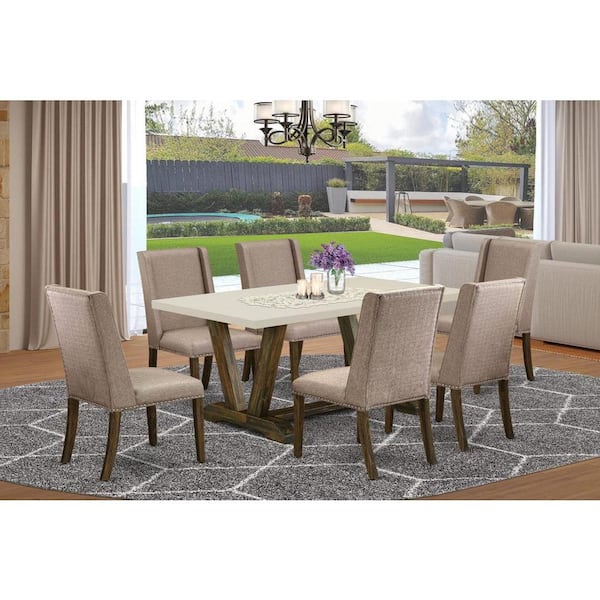 East West Furniture 7-Piece Rectangle Natural Oak Finish Solid Wood Top Dining Set with 1 table and 6 Upholstered-Chairs with Lattice Back