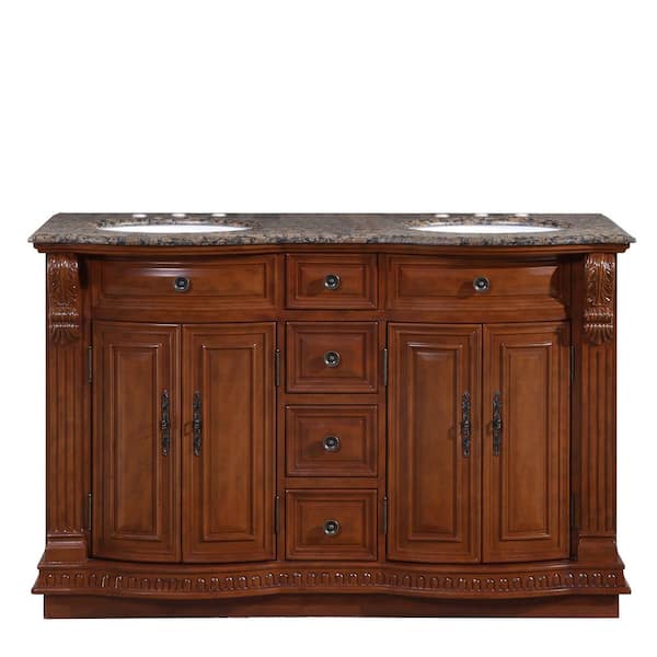 Silkroad Exclusive 55 in. W x 22 in. D Vanity in Cherry with Granite Vanity Top in Baltic Brown with White Basin
