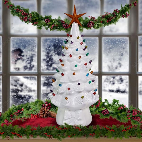 Vintage Faux Feather Christmas Tree 12 w/ Tiny Glass Ornaments Metal Base