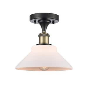 Orwell 8.38 in. 1-Light Black Antique Brass Semi-Flush Mount with Matte White Glass Shade