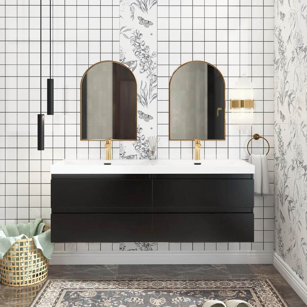 60 in. W x 20 in. D x 21 in. H Double Sink Wall-Mounted Bath Vanity in Blac