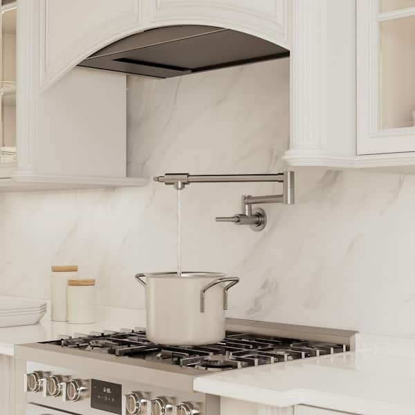 Wall‑Mounted Pot Filler Faucet with Dual Handles, 360° Swivel Foldable Spout, 2.5 GPM in Brushed Nickel