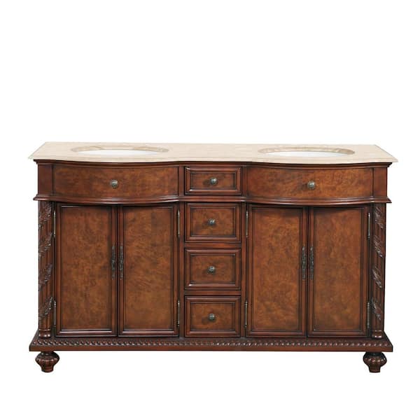 Silkroad Exclusive 60 in. W x 22 in. D Vanity in Red Mahogany with Stone Vanity Top in Travertine with Ivory Basin