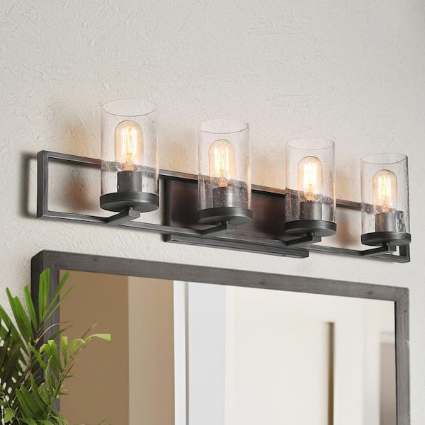 LNC Industrial Gray 4-Light Vanity Light with Clear Seeded Glass Shade for Bathroom Powder Room