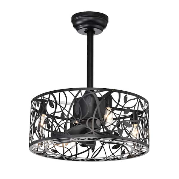PUDO 18.03 in. Vintage Black Indoor Fandelier Ceiling Fan Lighting with Cage Lampshade and Angled Ceiling