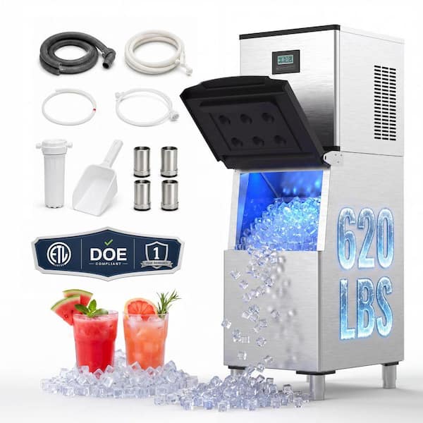 20.3 in. Stainless Steel Commercial Ice Maker 620 lbs./24H Freestanding, Full Size Cubes, with 300 lbs. Storage Bin