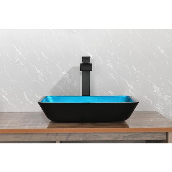 Miscool Amie 19 in. Turquoise Finish Glass Bathroom Vessel Sink With Black Faucet