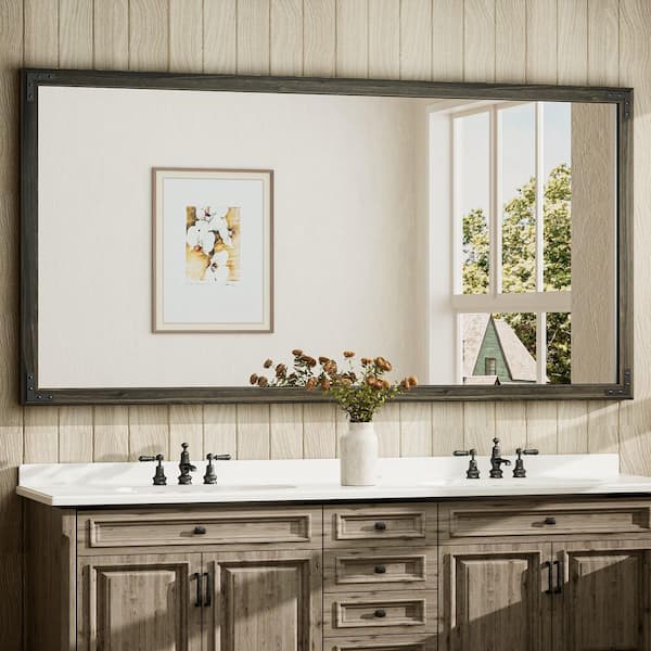 72 in. W x 36 in. H Rectangular Rustic Wood Framed Mirror Farmhouse Bathroom Vanity Mirror Over Sink in Black