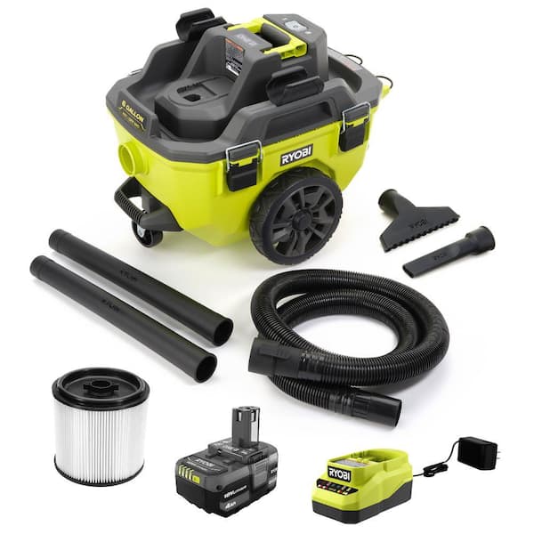 RYOBI ONE+ 18V Cordless 6 Gal. Wet Dry Vacuum Kit with 4.0 Ah Battery, 18V Charger, and Extra Replacement Filter
