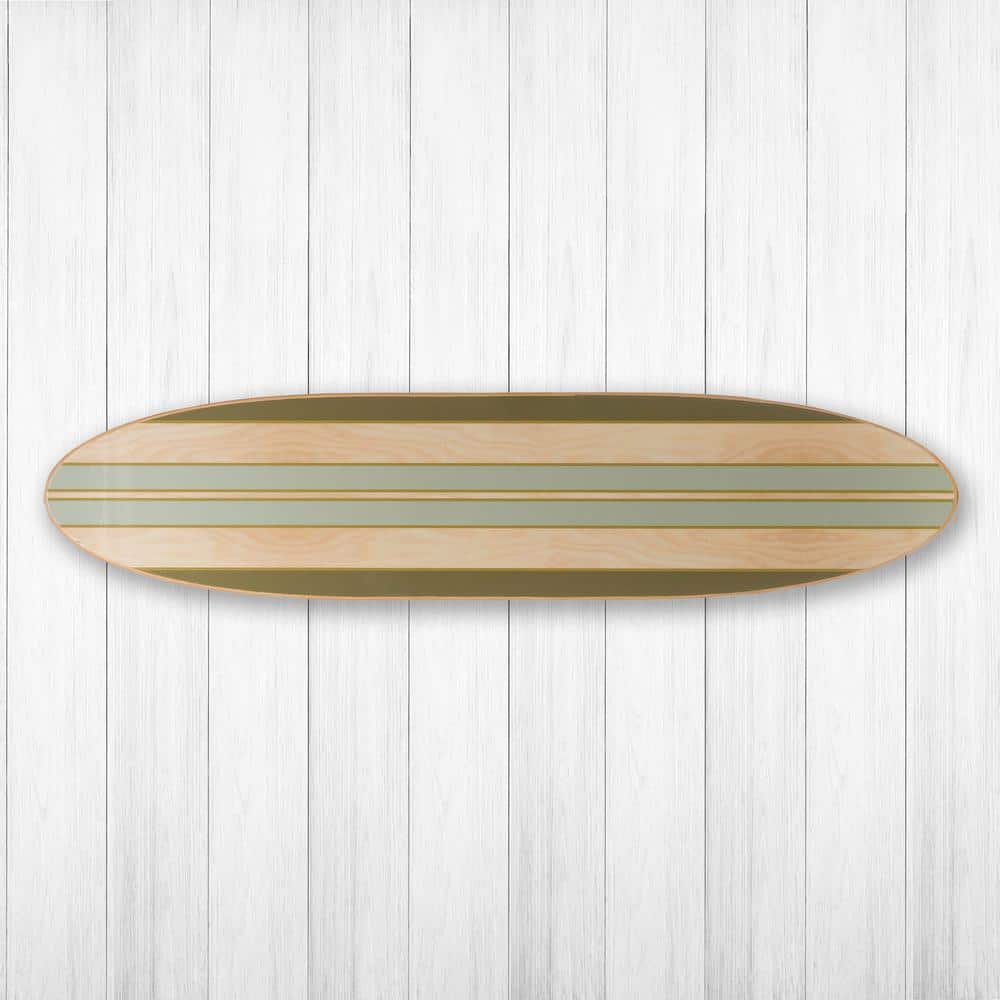 Green and Light Brown Striped Wooden Surfboard Wall Decor
