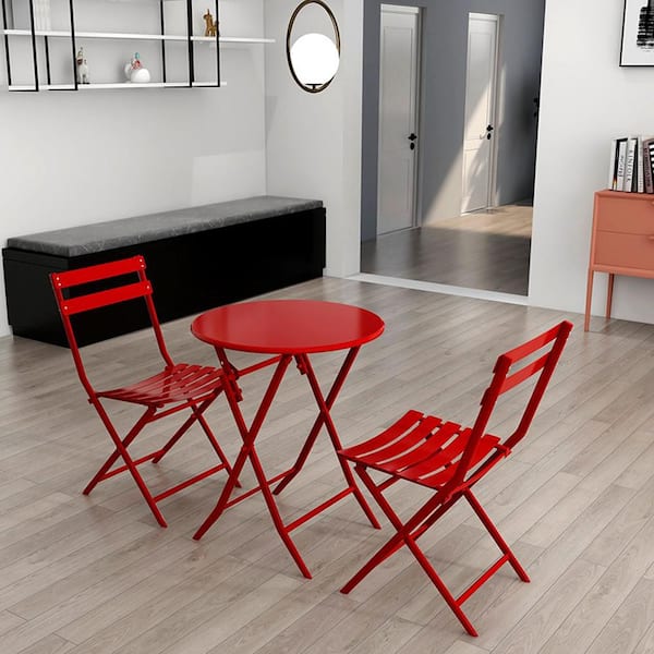 AULEDIO 3-Piece Red Metal Outdoor Serving Bar Set Table Chairs Furniture