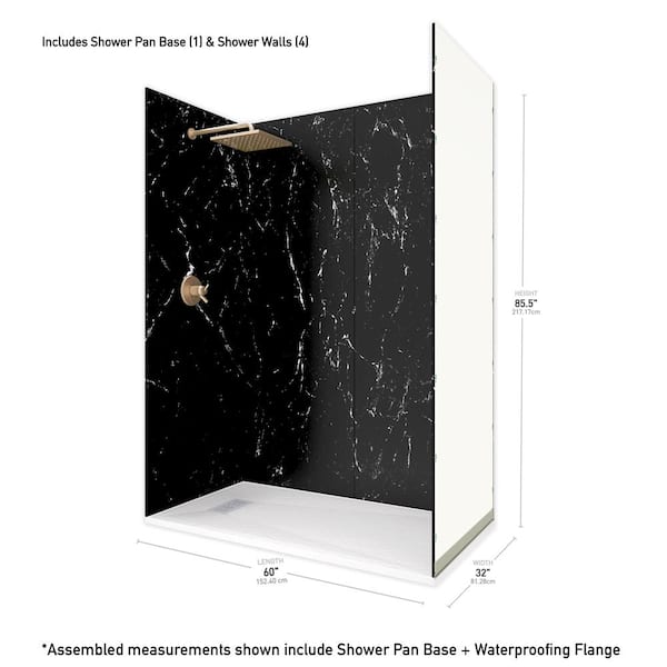 60 in. L x 32 in. Wx84 in. H Alcove Solid Composite Stone Shower Kit w/  Carrara Walls and L/R Graphite Slate Shower Pan