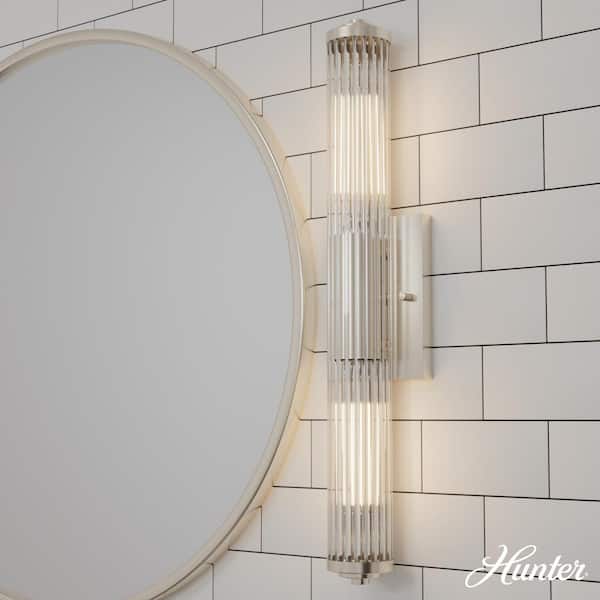 Hunter Holly Grove 24 in. 2-Light Brushed Nickel Vanity Light with Clear Ribbed Glass Shades