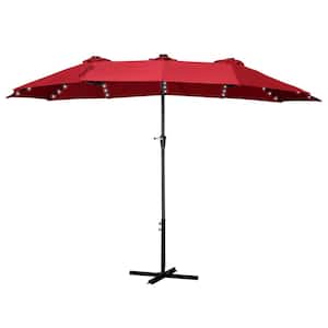 15 ft. Market Double Sided Crank Patio Umbrella with Solar LED Lighted in Red