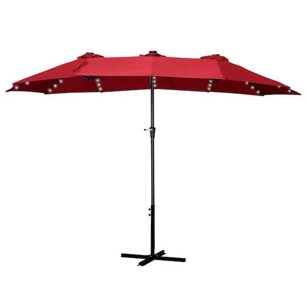 OVASTLKUY 15 ft. Market Double-Sided Crank Rectangle Patio Umbrella with Solar LED Lighted in Red