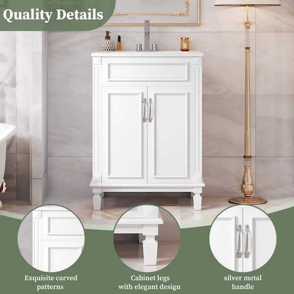 Ziyudura 24 in. Single Sink Freestanding White Bath Vanity with