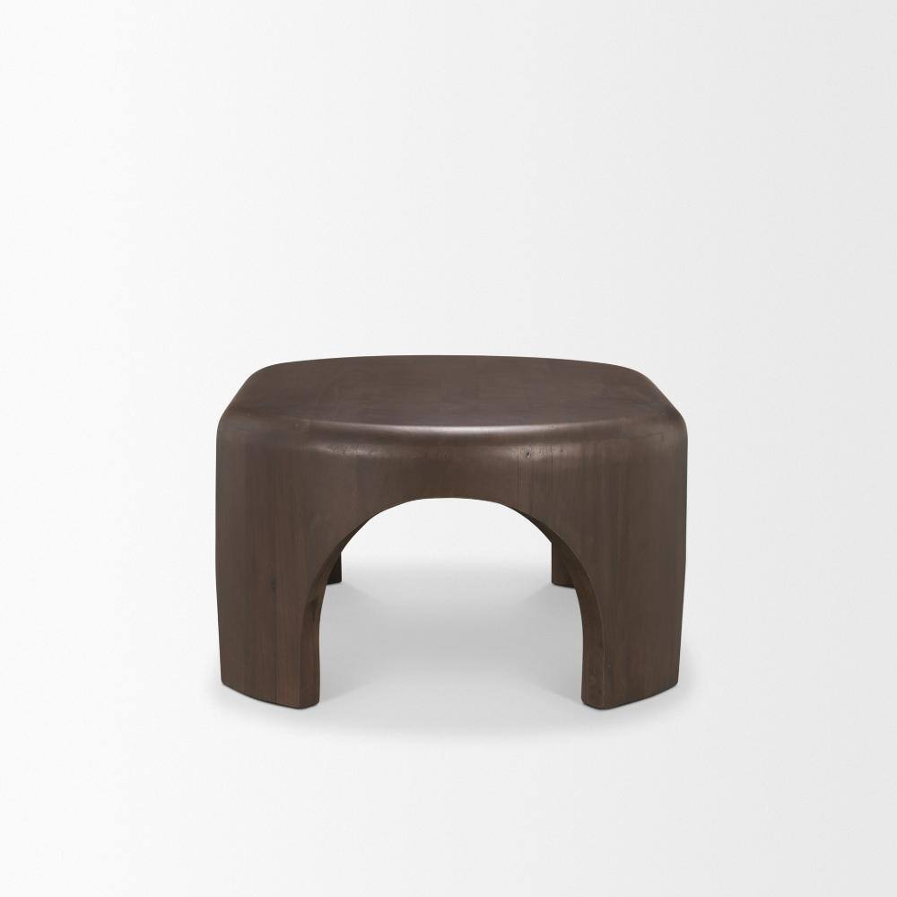 Front view of a dark brown wood coffee table with arched legs.
