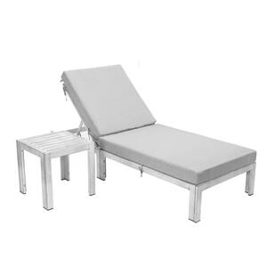 Chelsea Modern Weathered Grey Aluminum Outdoor Patio Chaise Lounge Chair with Side Table and Light Grey Cushions