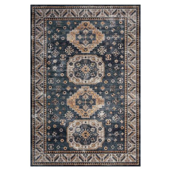 Garvee Dark Blue 2 ft. x 3 ft. Vintage Geometric Tribal Machine Washable Area Rug