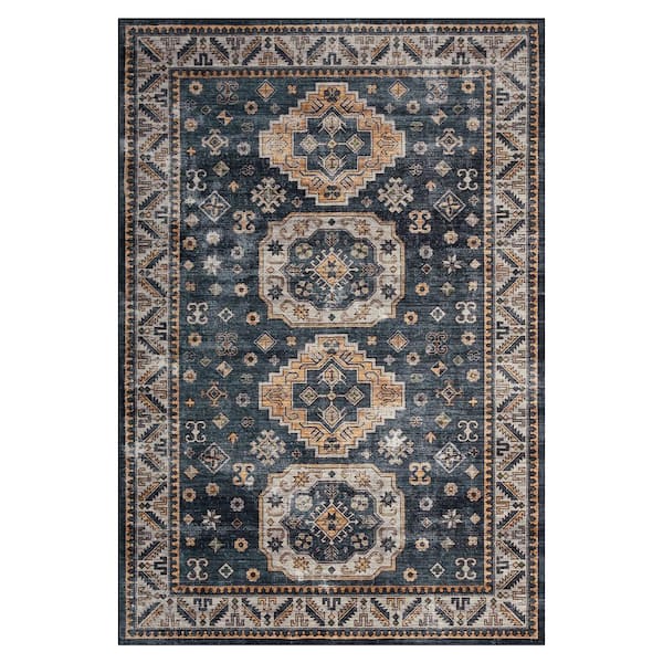 Garvee Dark Blue 5 ft. x 7 ft. Vintage Geometric Tribal Machine Washable Area Rug