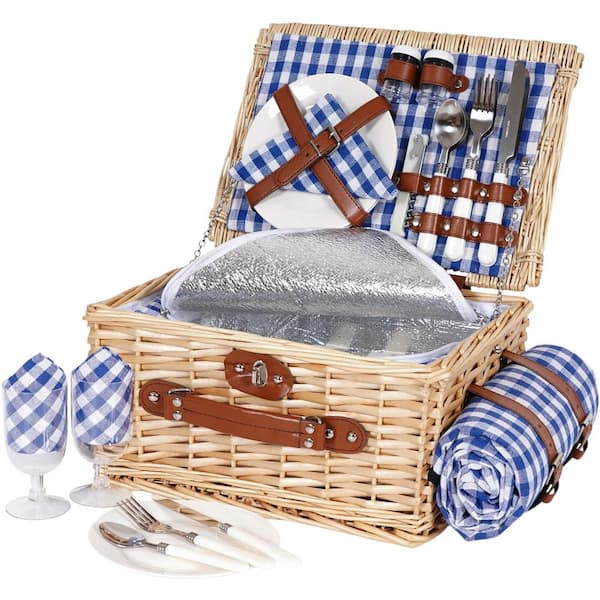 Blue Picnic Basket Set for 2, Wicker Picnic Basket with Waterproof Blanket Insulated Liner, Large Handmade Willow Hamper