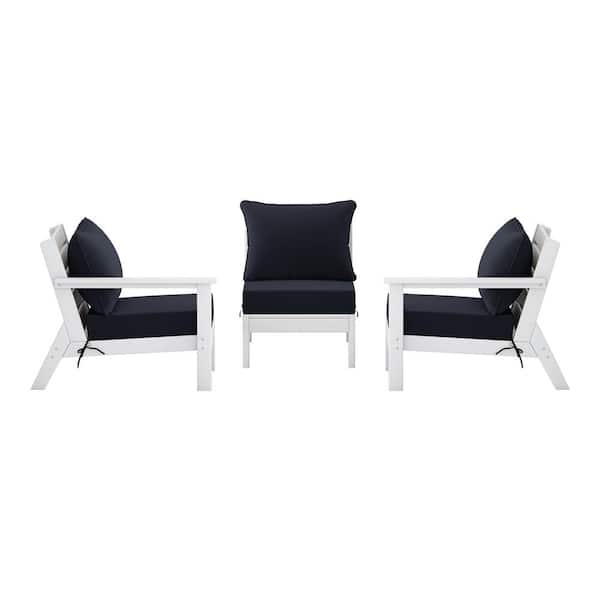 WESTIN OUTDOOR Birchwood White Arrangeable 3-PC HDPE Deep Seating Outdoor Patio Conversation Sofa Arm Chair Set w/ Navy Blue Cushions