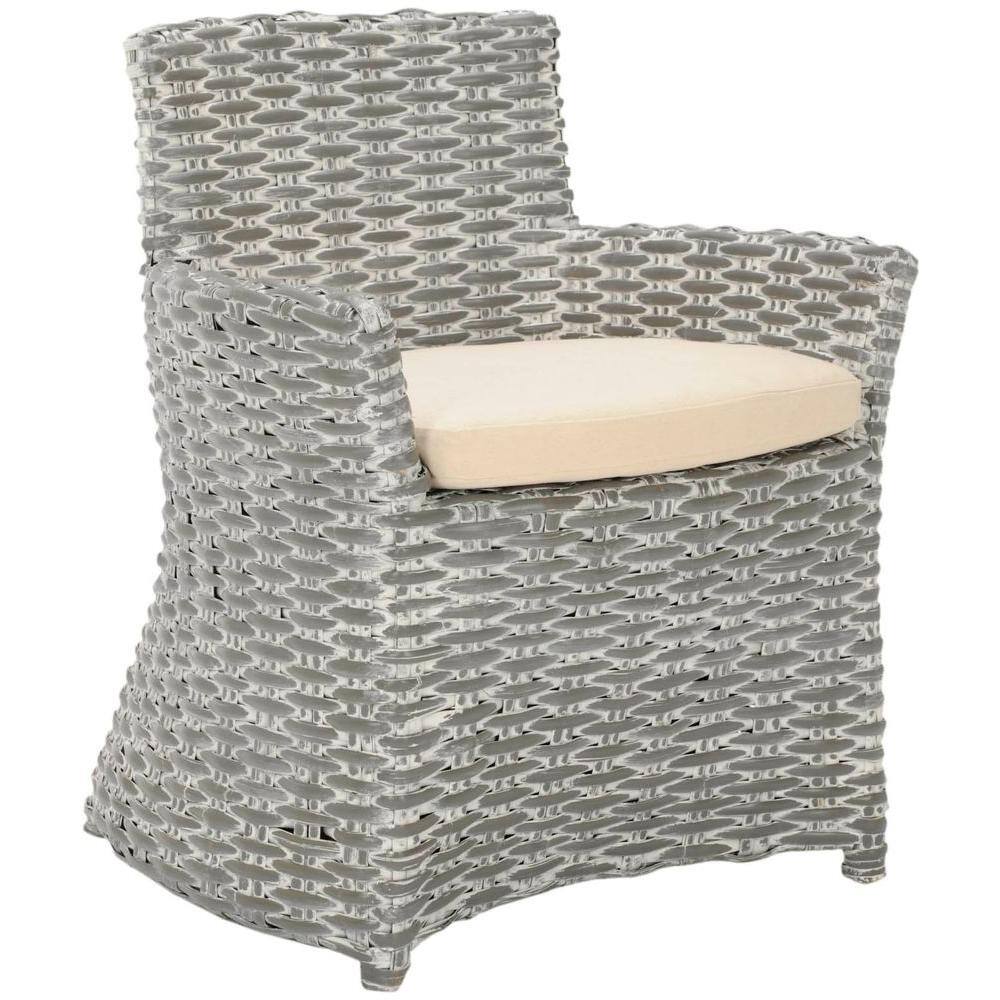 Modern Coastal Cabana Rattan Arm Chair with Beige Cushion - Grey White Wash