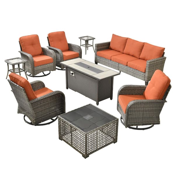 Scarlet 9-Piece Wicker Outdoor Patio Conversation Sofa Set with Swivel Chairs, a LED Table and Orange Red Cushions