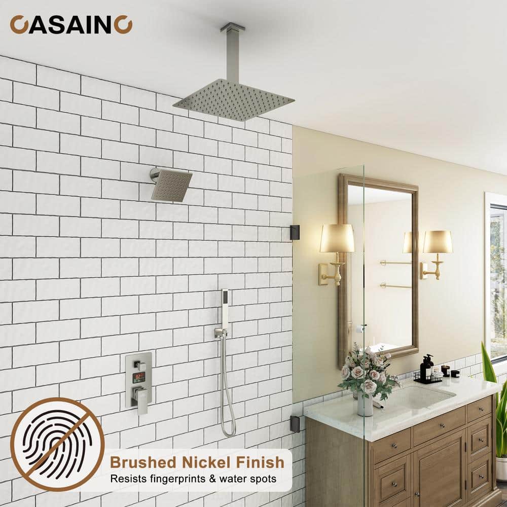 Brushed Nickel Rainfall Dual Shower Head System with Digital Display
