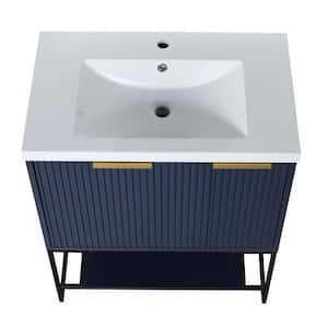 18.1in. W x 29.5in. D x 35in. H 1 Sink Freestanding Bath Vanity in Navy Blue with White Resin Top and Black Metal Feet