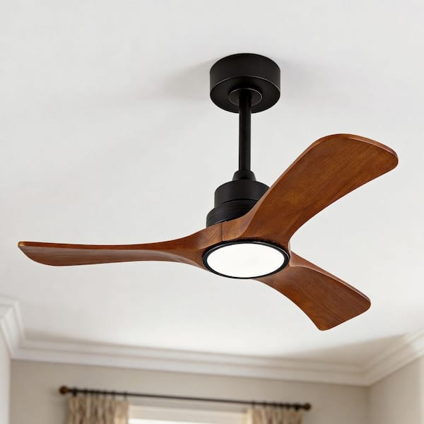 36 in. Indoor Black Downrod Mount Standard Solid Wood Ceiling Fan with Light and Remote Control