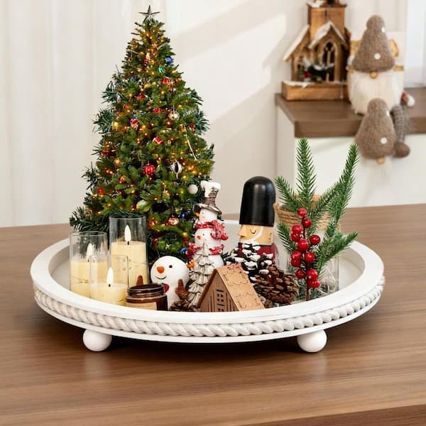 Farmhouse Series White Round Wood Tray 11.8 in. with Striped