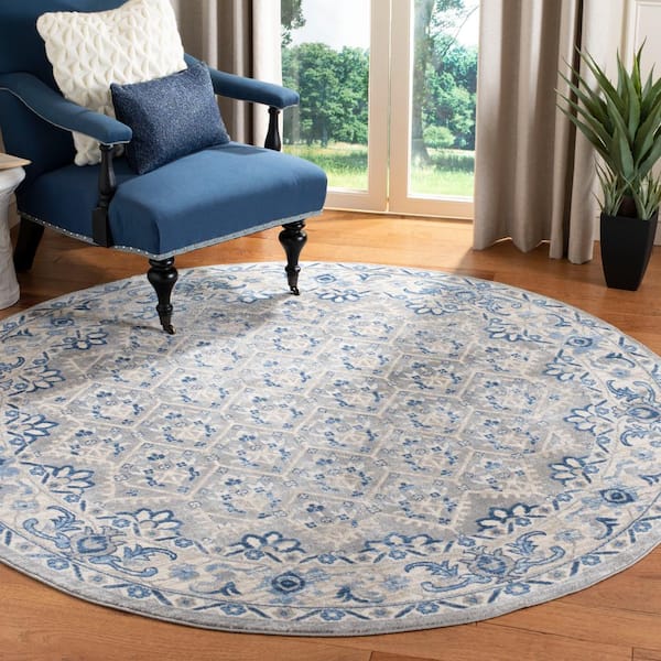 Brentwood 10 ft. x 10 ft. Round Light Gray/Blue Border Multi-Floral Geometric Area Rug