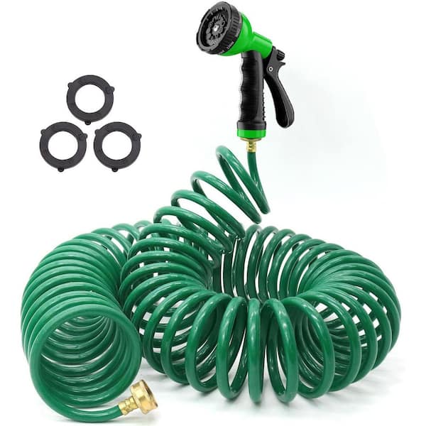 3/4 in. x 50 ft. Standard-Duty Coil Garden Hose with 10-Function Green Sprayer