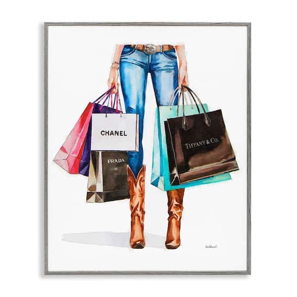Stupell Industries Shopping Bags Cowgirl by Amanda Greenwood Gray Framed People Giclee Art Print 14 in. x 11 in.
