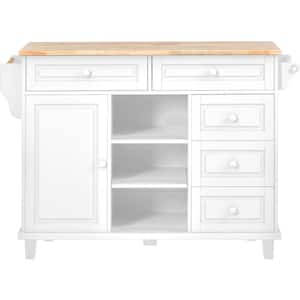 White Kitchen Cart with Rubber Wood Top, Mobile Kitchen Island with Storage and 5 Drawers