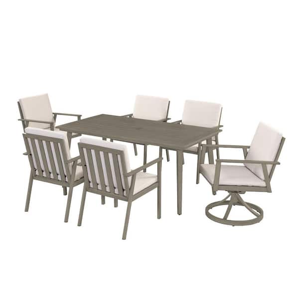 Alulux Gray 7-Piece Aluminum Outdoor Dining Set with Rectangular Dining Table and Beige Cushions