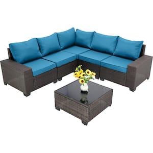 Brown 6-Piece Wicker Outdoor Patio Conversation Set with Glass Top Table and Peacock Blue Cushions