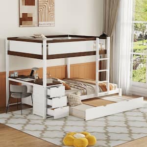 Full-over-Full Bunk Bed with Twin size Trundle, Storage and Desk, White+Walnut