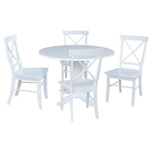 Aria White Solid Wood 42 in. Drop-leaf Pedestal Base Dining Set with 4 X-Back Side Chairs Seats 4