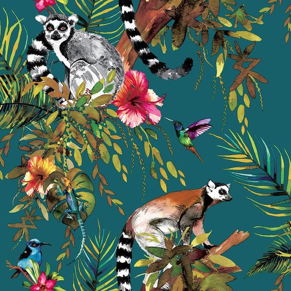 Tropical Lemur Teal Blue Non-Pasted Wallpaper Roll (Covers 56 sq. ft.)