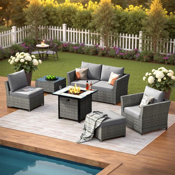 OVIOS Bexley Gray 7-Piece Wicker Fire Pit Patio Conversation Seating Set with Dark Gray Cushions
