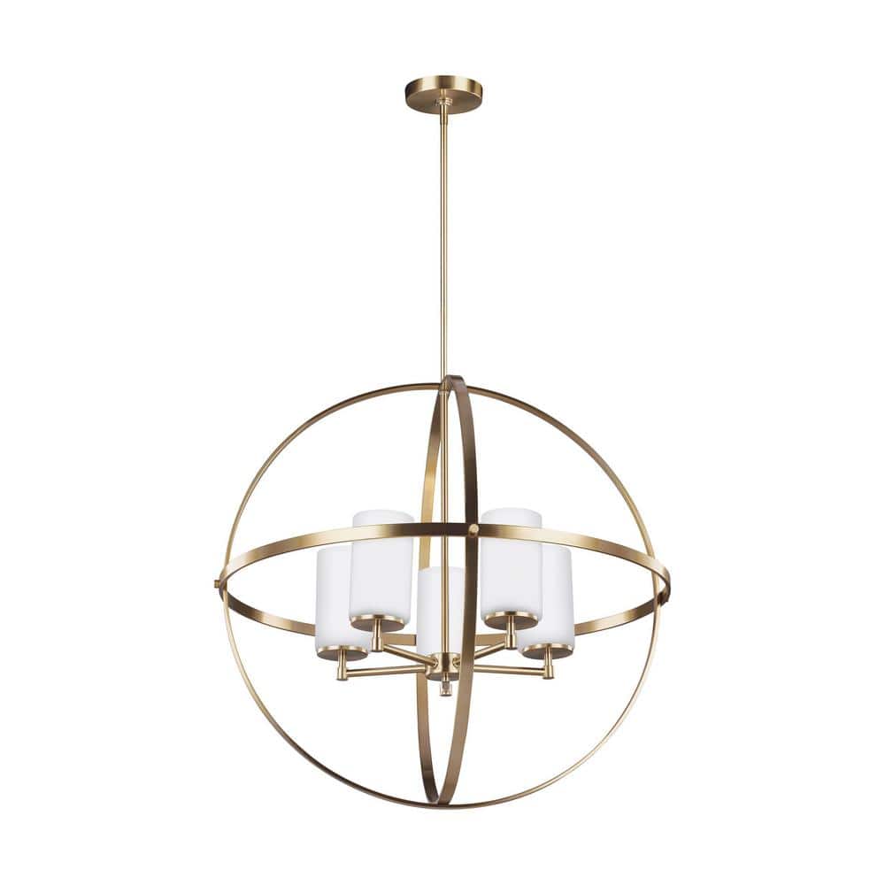 Elegant Satin Brass 5-Light Chandelier with White Glass Shades