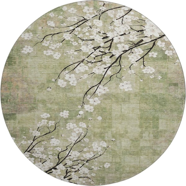 Mayfield Premium Machine Washable Abstract AMF2248 Aloe 8 ft. x 8 ft. Round Rug
