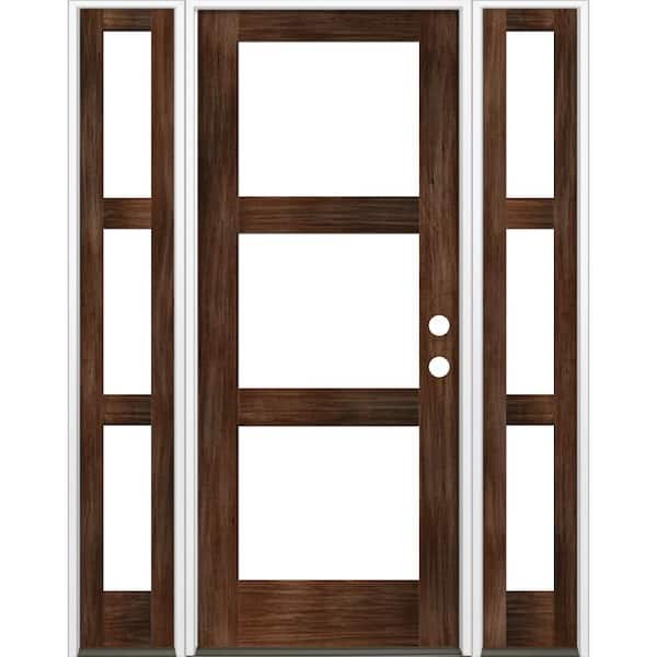 Krosswood Doors 64 in. x 96 in. Modern Hemlock Left-Hand/Inswing 3-Lite Clear Glass Red Mahogany Stain Wood Prehung Front Door with DSL