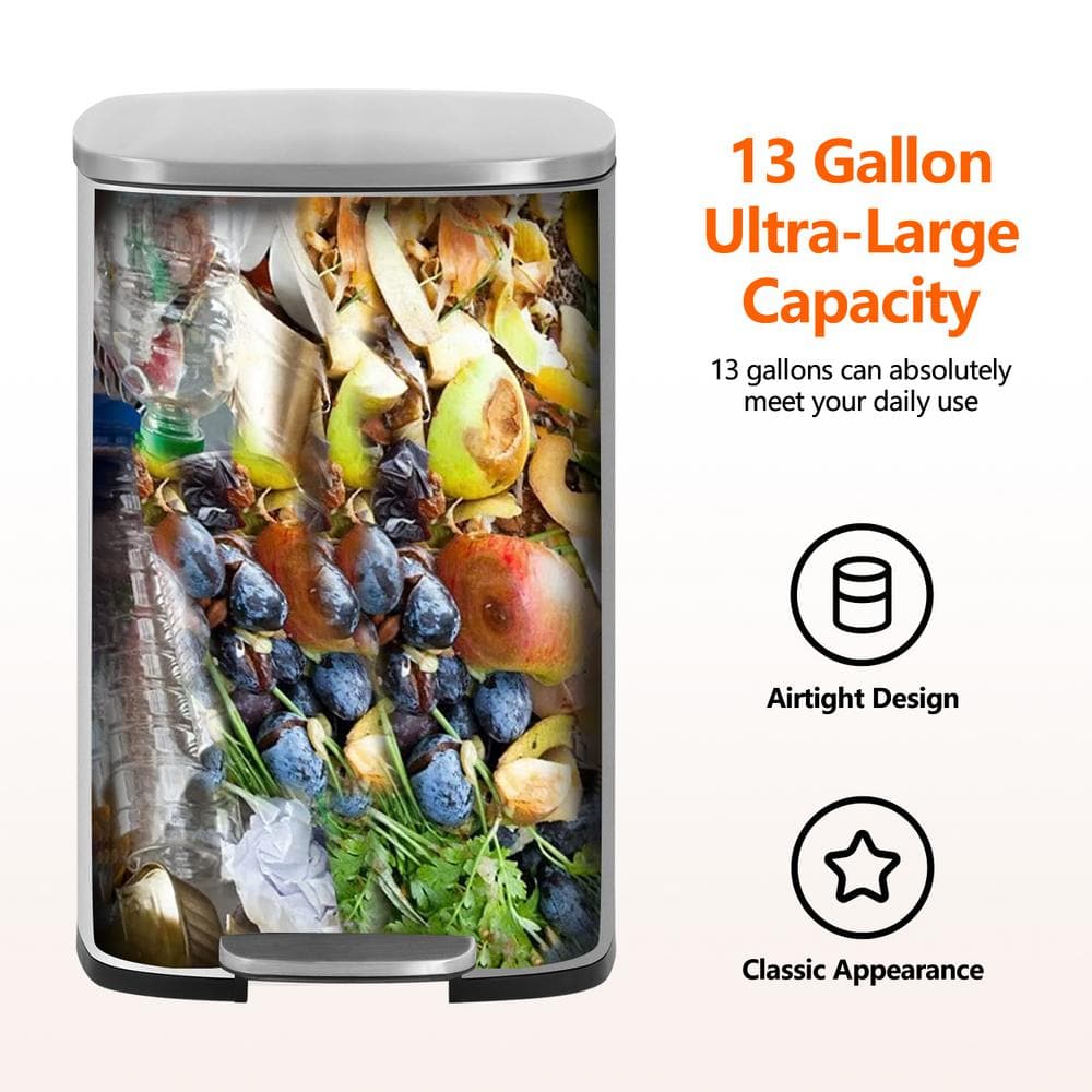 Silver Stainless Steel 13 Gallon Pedal Trash Can