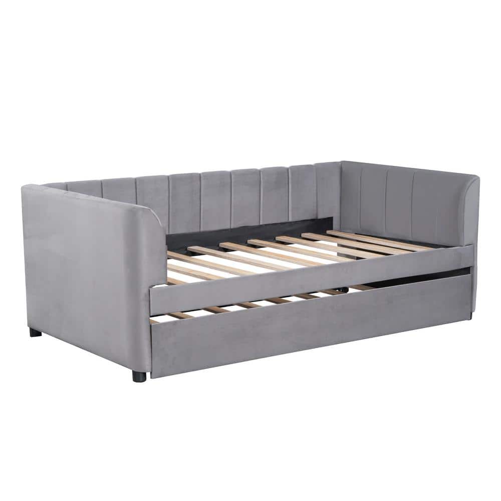 Gray Velvet Upholstered Twin Daybed with Trundle and Wood Frame