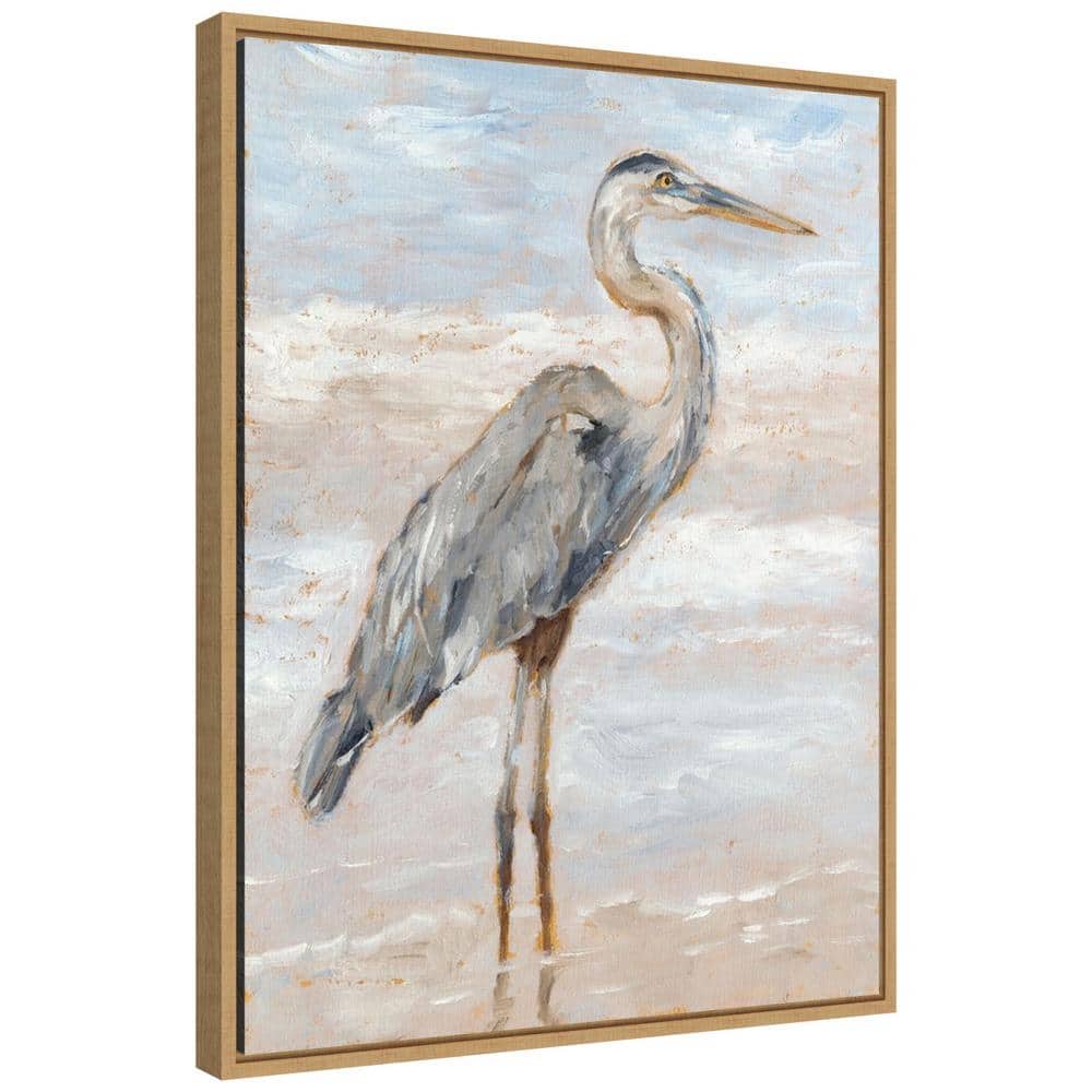 Beach Heron I Blue and Gray Canvas Print with Maple Frame