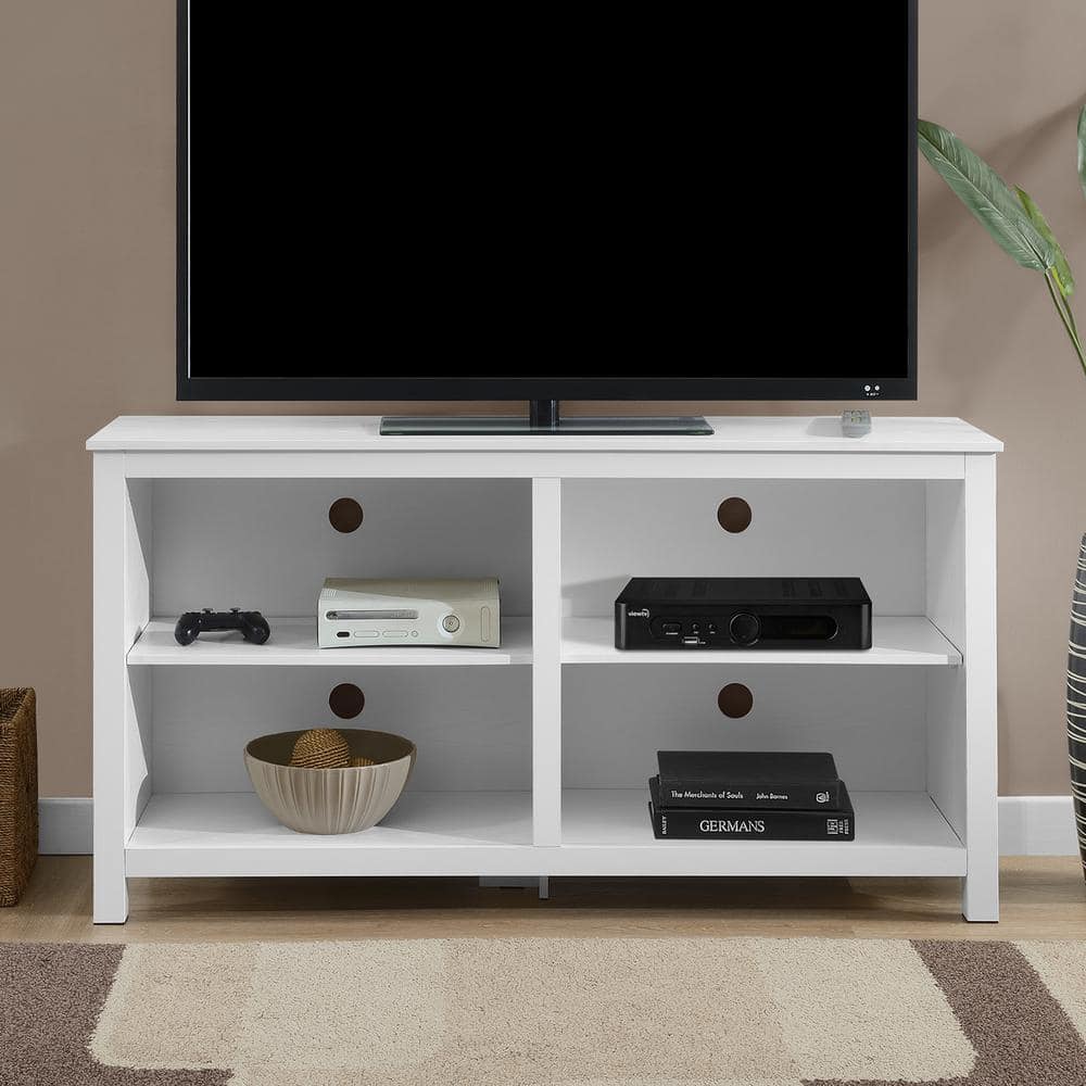 White Wood Grain Highboy TV Stand with Shelves, 58"