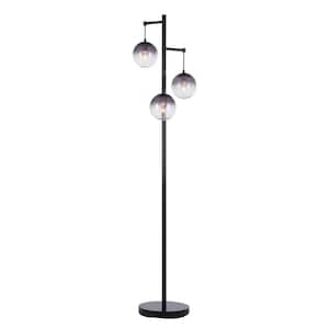 66 in. Black Modern Tree Floor Lamp with 3 Hanging Round Glass Shades
